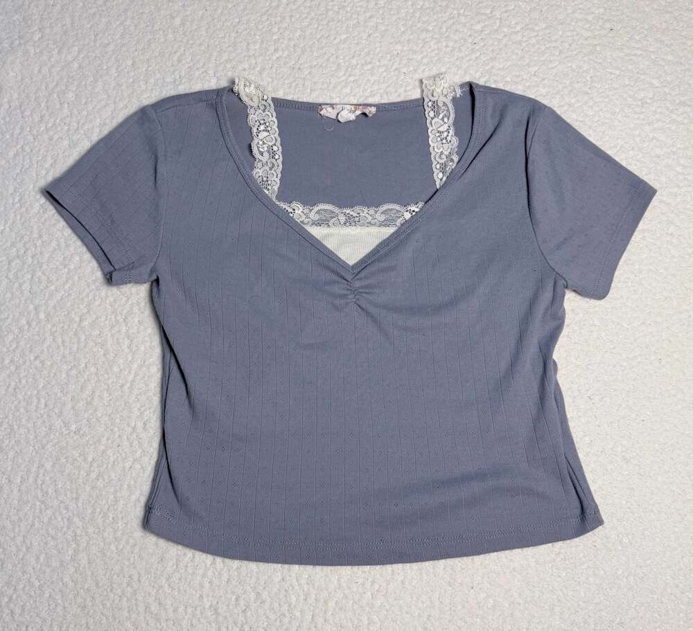 Pink Republic Blue Ribbed Lace Trim V-Neck Short Sleeve Top Size M